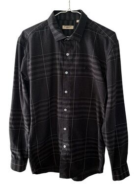 Burberry Brit Men Large Black Grey Windowpane Plaid Button-Up Shirt Long Sleeves